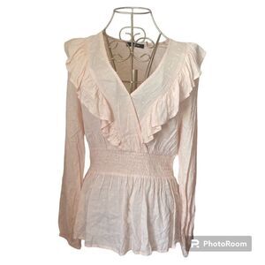 Doe & Rae peachy pink Swiss dot ruffle blouse